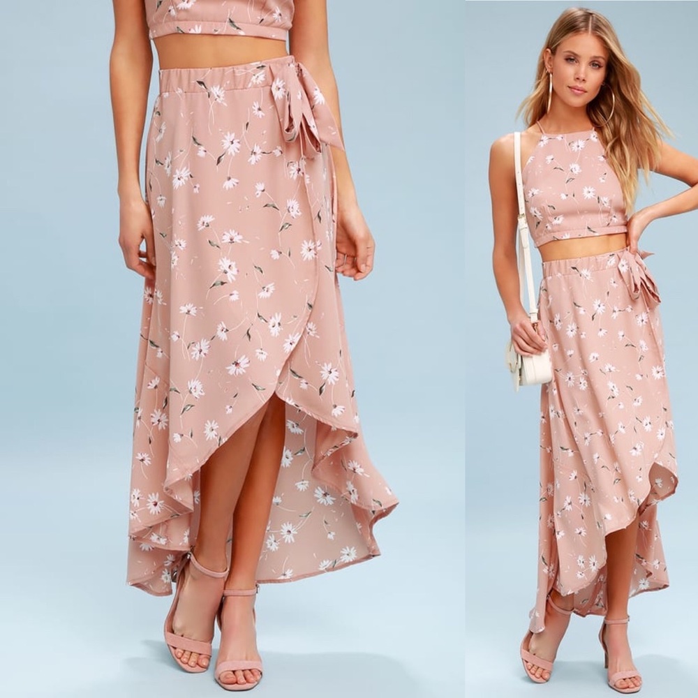 🆕 PPLA Blush Pink Floral Print Wrap Midi Skirt
